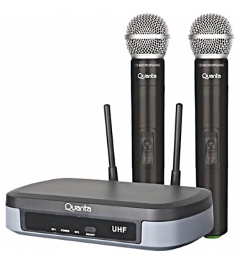 Micrófono Inalámbrico Dual Quanta QTMWU104 UHF 60 metros/Bivolt - Negro/Gris