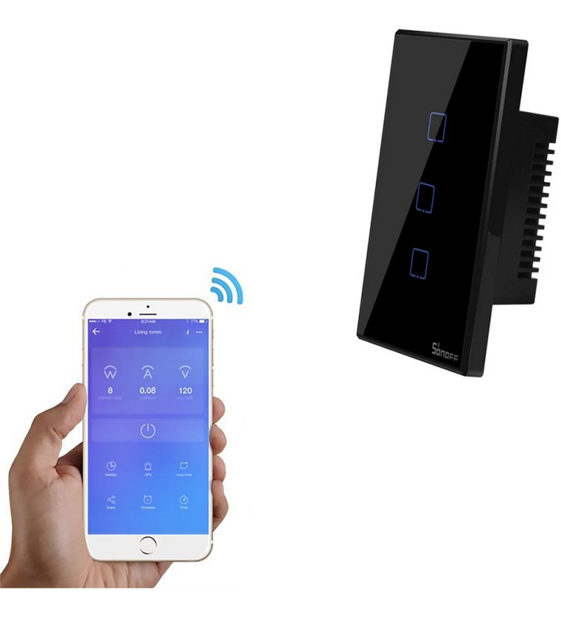 Interruptor de Pared Inteligente Smart Sonoff T3US3C Wi-Fi/3 Botones/Bivolt - Negro